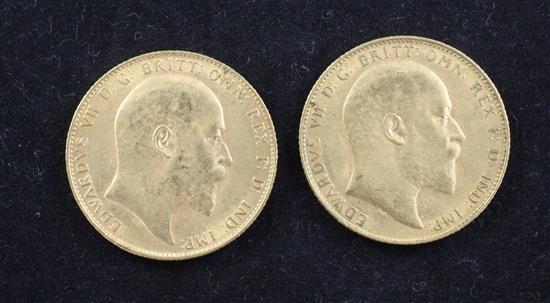 Two Edward VII gold sovereigns, 1908 and 1910,